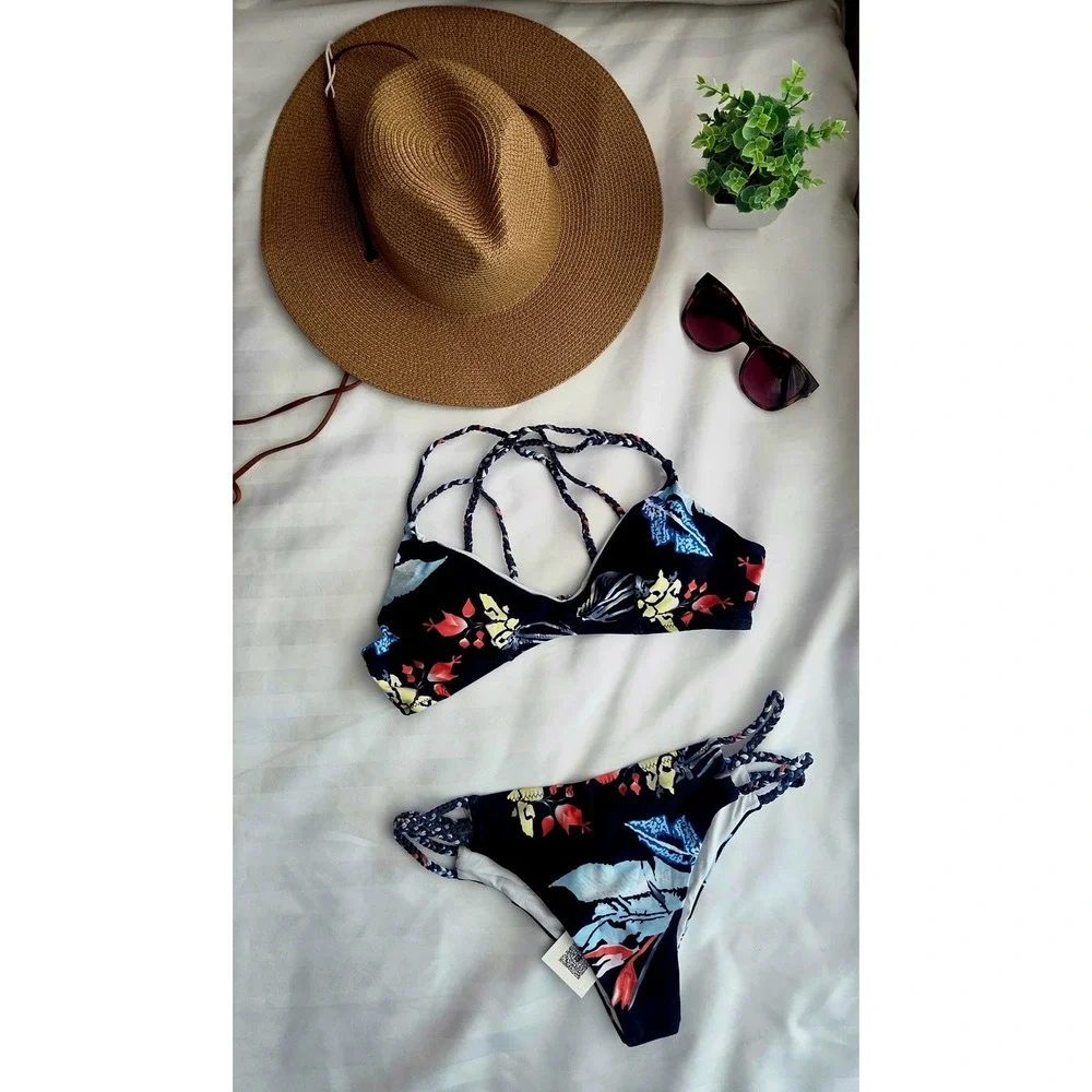 Cupshe Tropical Floral Braided Strap Bikini Set Black Multi Color Two Piece‎ M